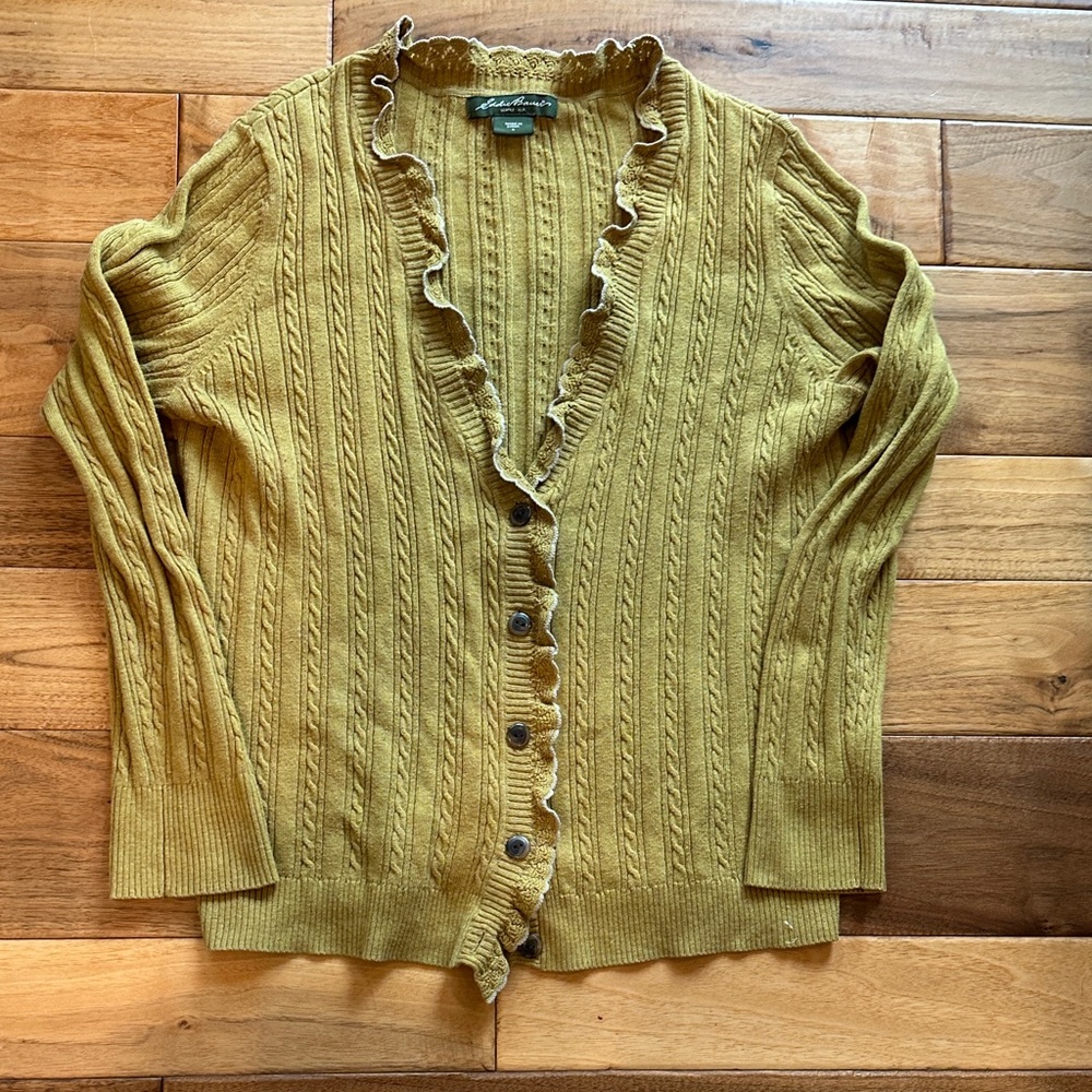 Vtg Eddie Bauer chartreuse ruffle collar cable knit sweater